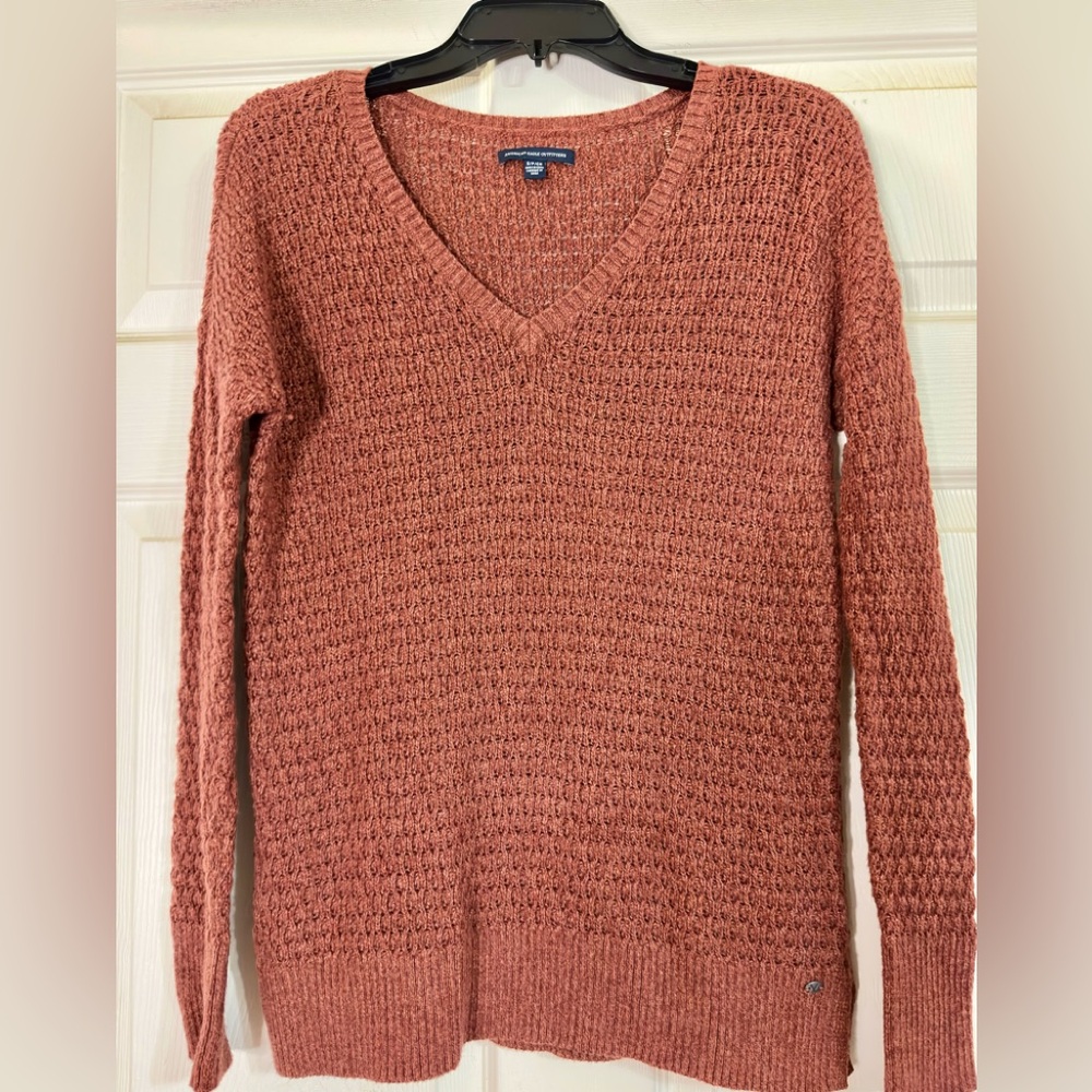 Vintage‎ Y2K American Eagle Womens Rust Loose Knit V-Neck Sweater Wool Blend S